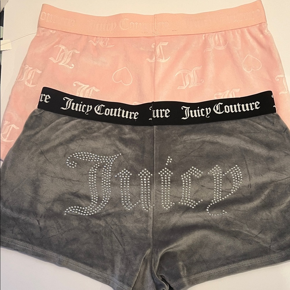 Pair of Juicy Couture Velour Shorts Pink Embossed and Dark Grey Rhinestones Y2K
